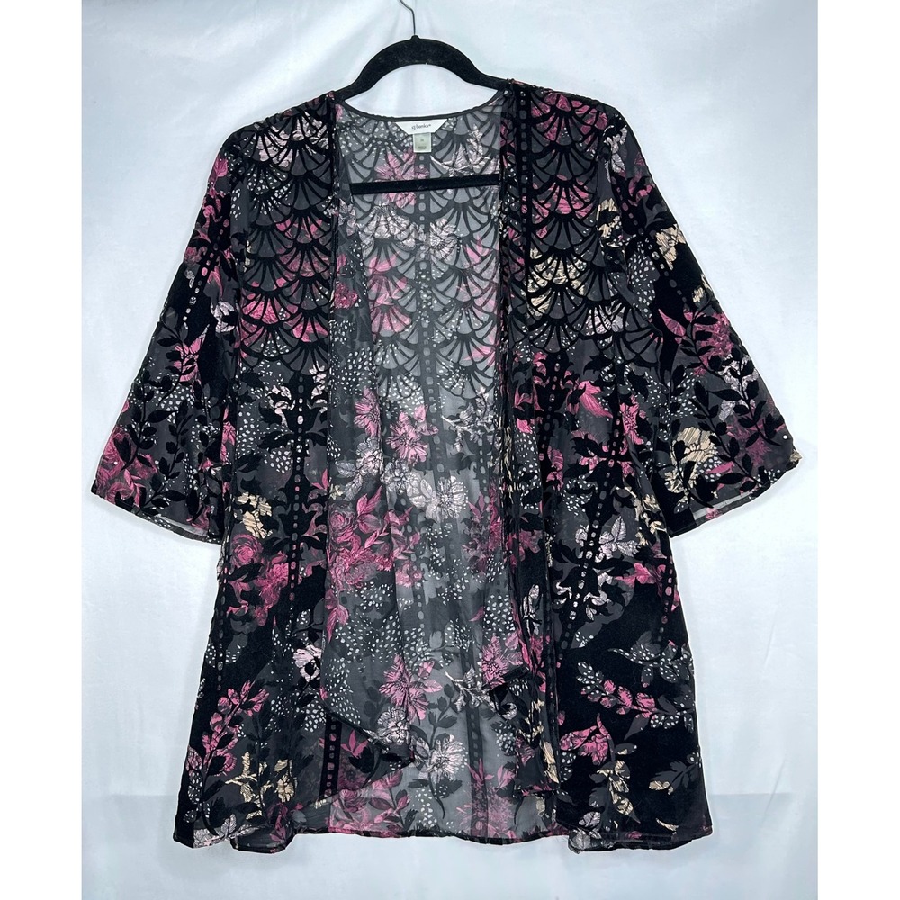 Cj Banks Kimono Wrap Black Pink Floral Flocked Burnout Open Front Cardigan  3X